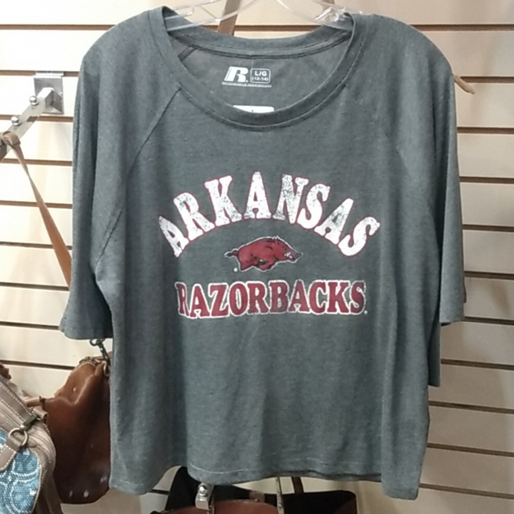 Russell Athletic Arkansas Razorbacks Gray Short Sleeve Tee with Red Logo